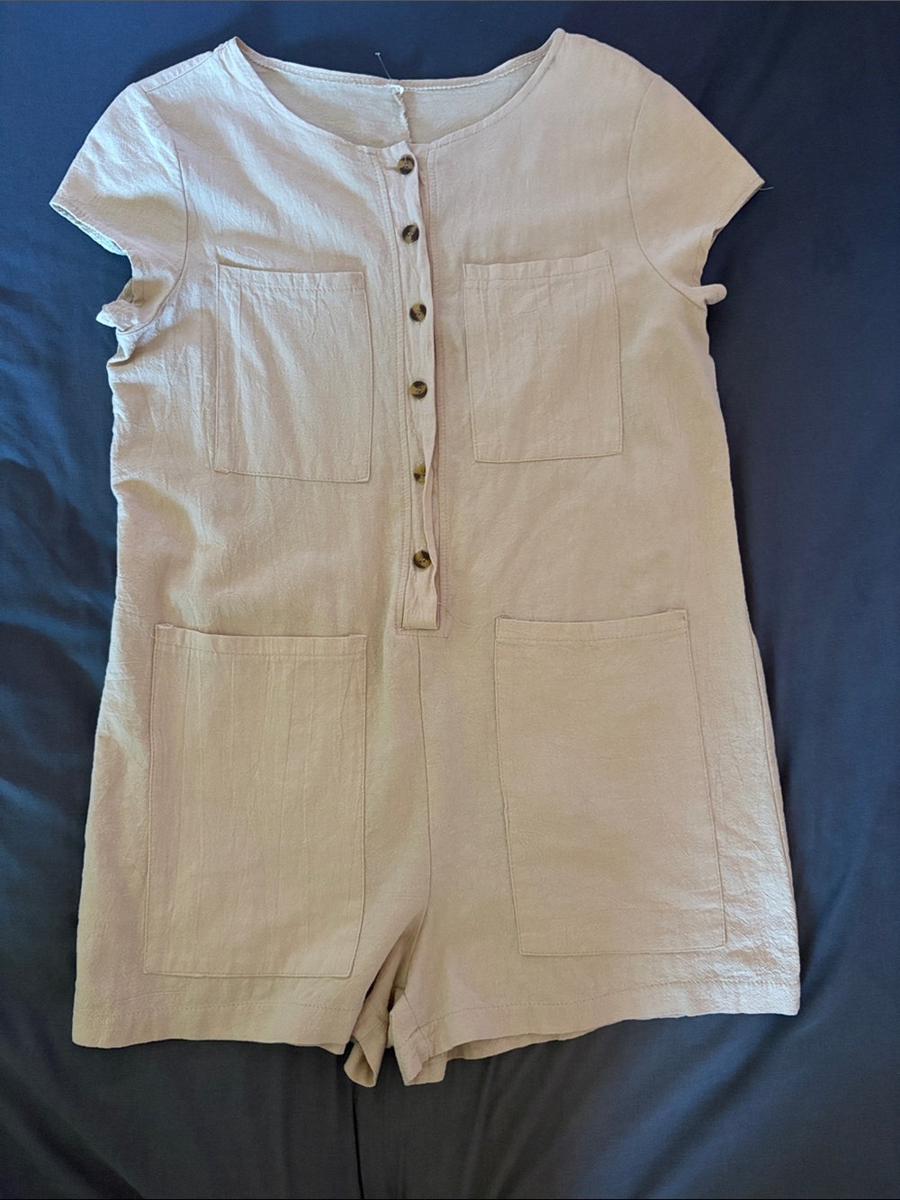 Women's Beige Short-Sleeve Romper with Front Buttons